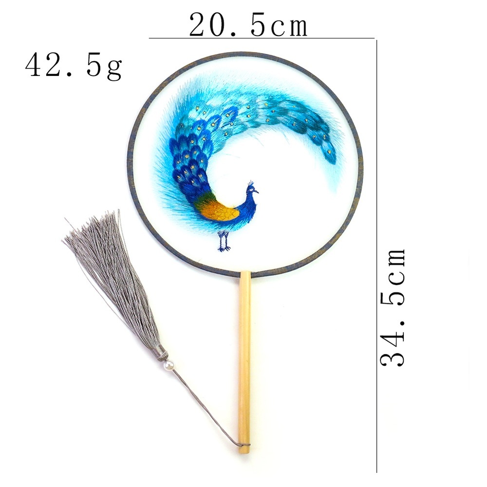 Silk Chinese Vintage Style Embroidered Fan Translucent Round Hand Held Peacock
